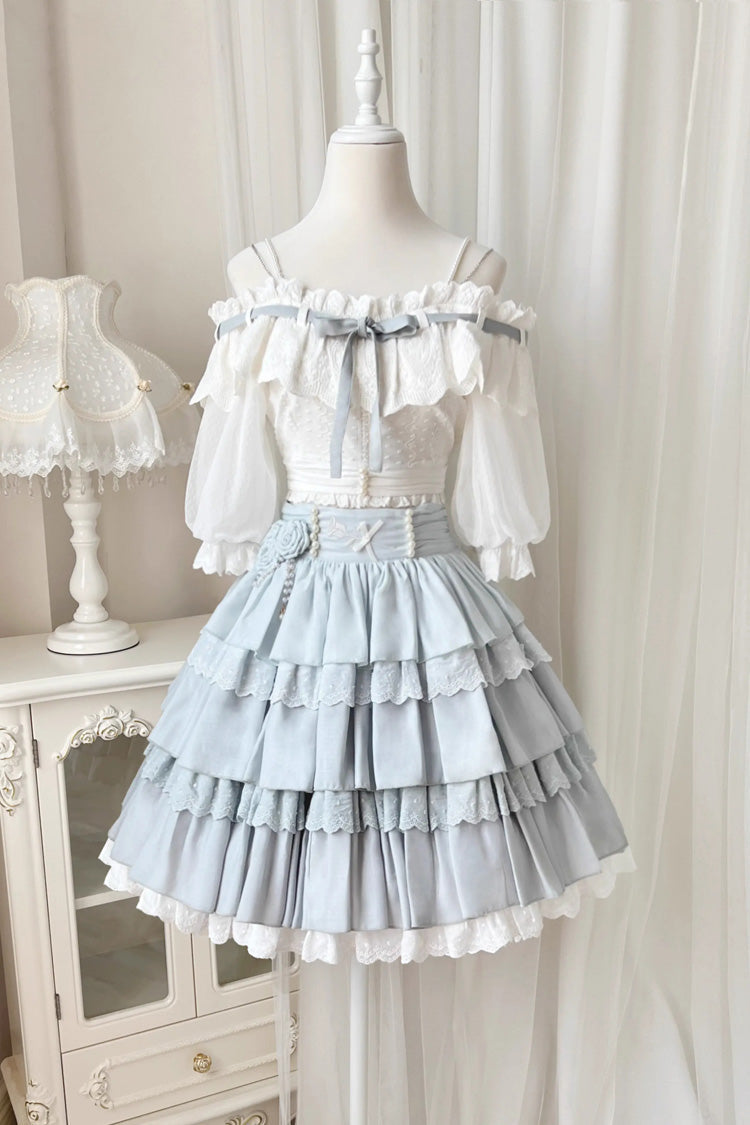 White/Blue Floral Ruffle Lolita Skirt Set - Sweet Lolita