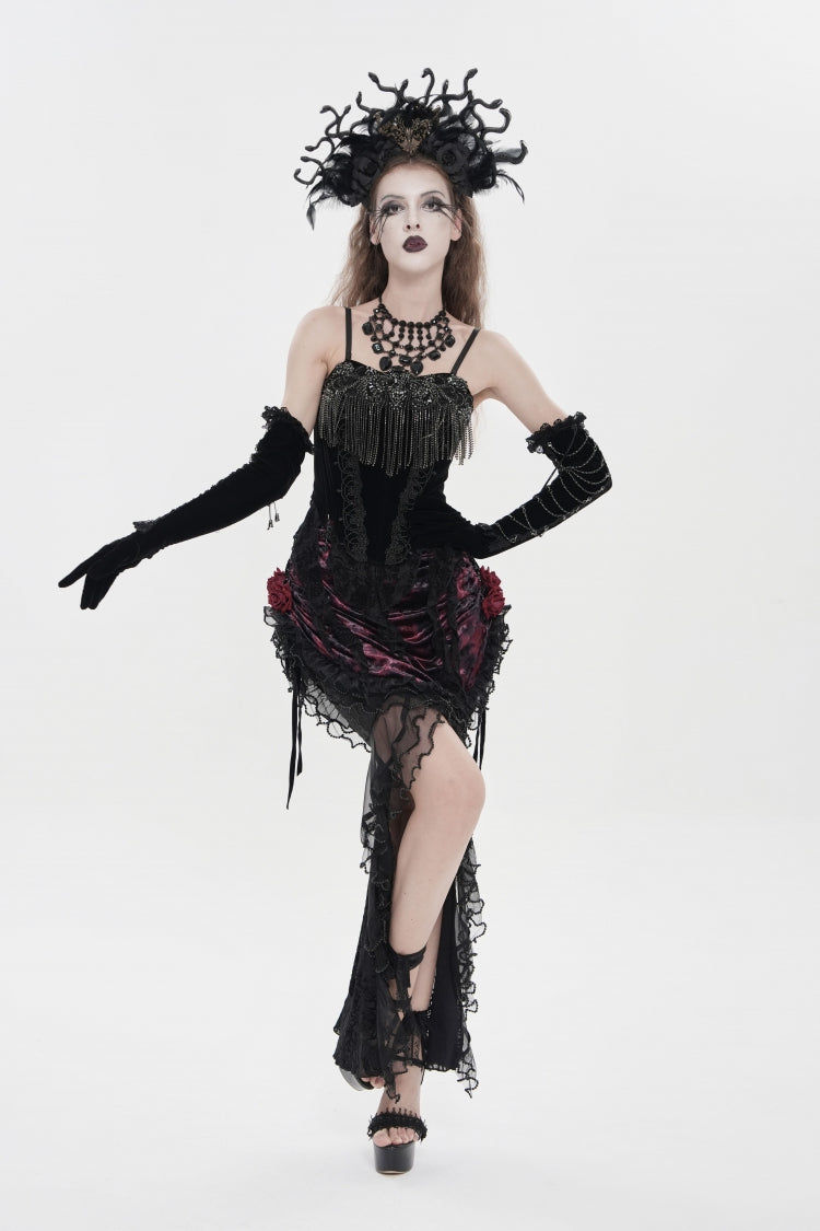 Crimson & Noir Embroidered Rose Lace-Up Asymmetric Hem Gothic Skirt