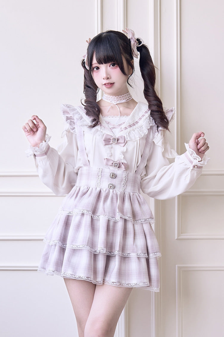 Blush Three-Layer Plaid Print Ruffle Sweet Jirai Kei Japanese Strap Dress