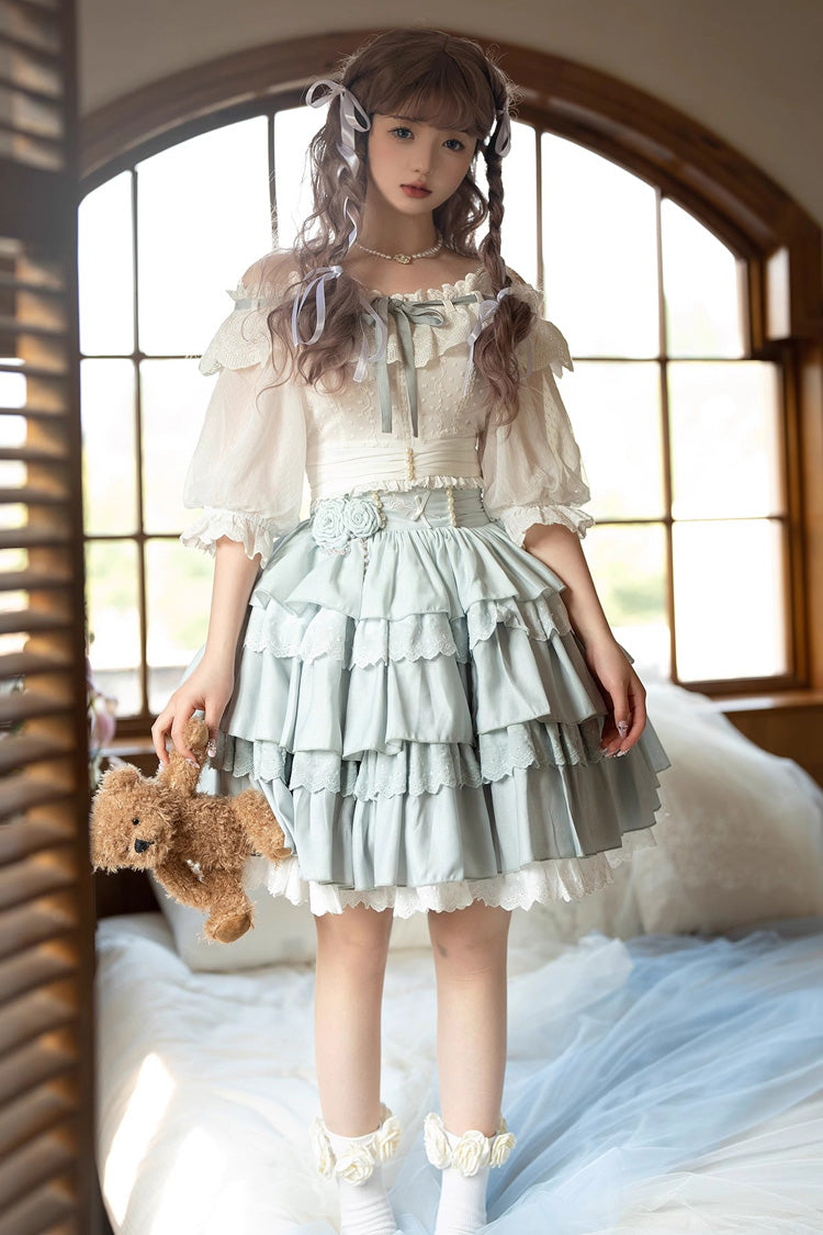 Powder Blue Rose Layered Princess Sweet Lolita Mini Skirt