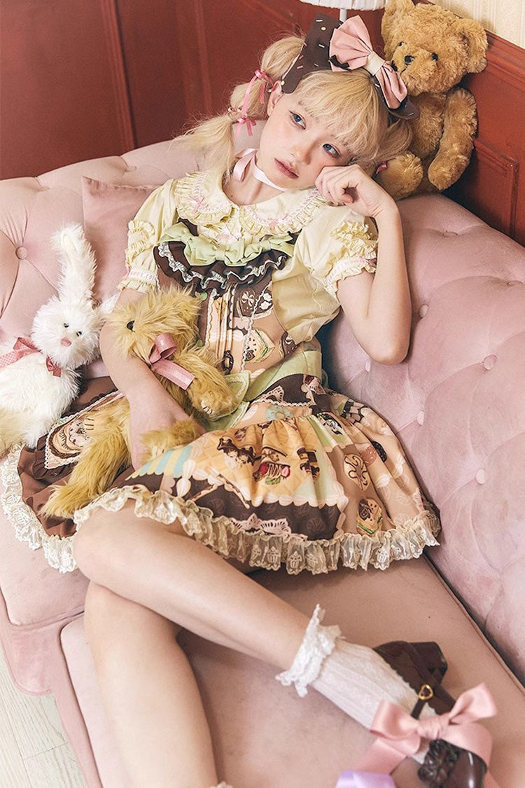 Brown Cake Chocolate Dessert Printed Ruffled Bow Sweet Lolita Strap Dress