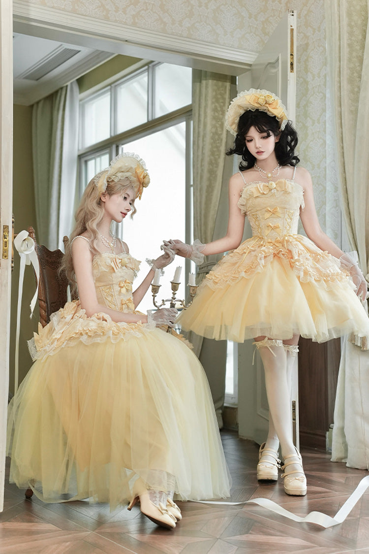Yellow Off Shoulder Sweet Skirt with Lace and Bow - Sissi's Pilgrimage