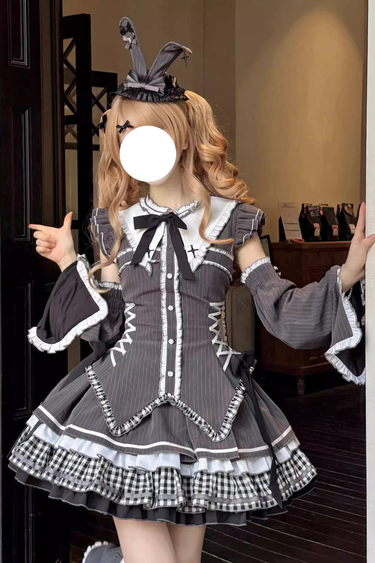 Detachable Hime Sleeve Printed Ruffled Bow Lace-Up Gothic Lolita Set