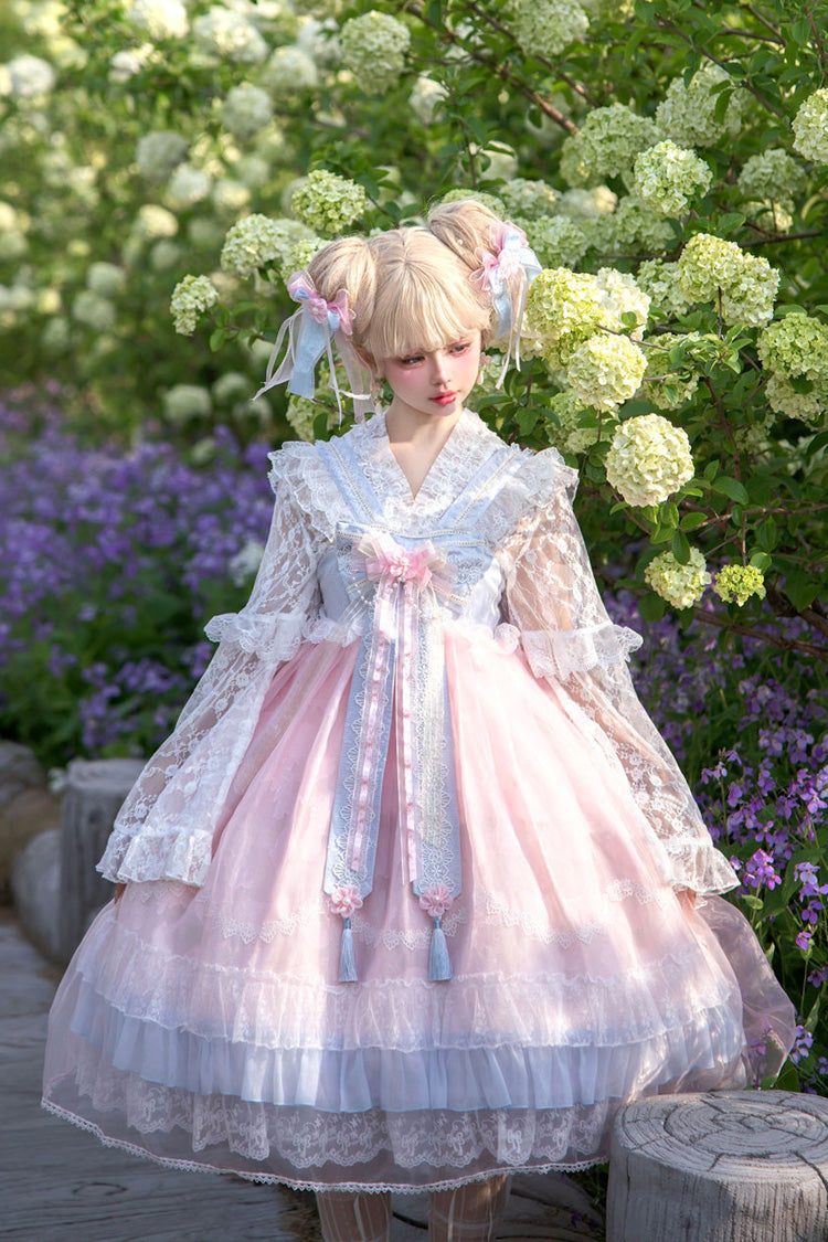 Peach Blossoms in Spring Fields Sweet Chinese Lolita JSK with Ruffles