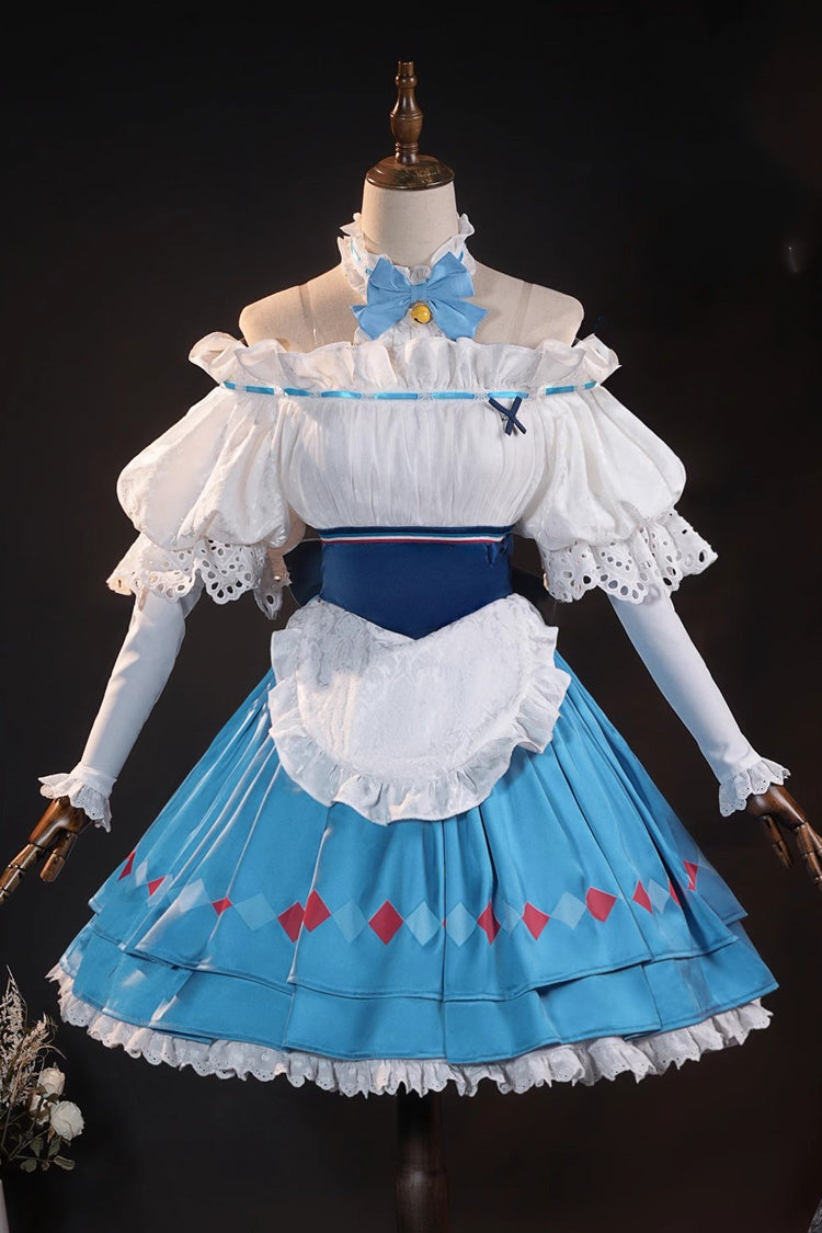 Cerulean and Ivory Twin-Tone Puffed Sleeve Bow Adorned Lace Cosplay Ensemble from Arknights - Classic Lolita Set