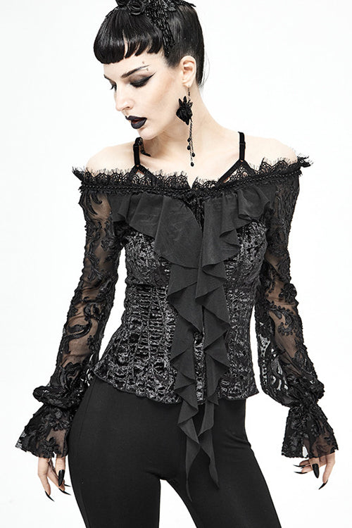 Velvet Sexy Gothic Blouse for Women with Lace Sleeves