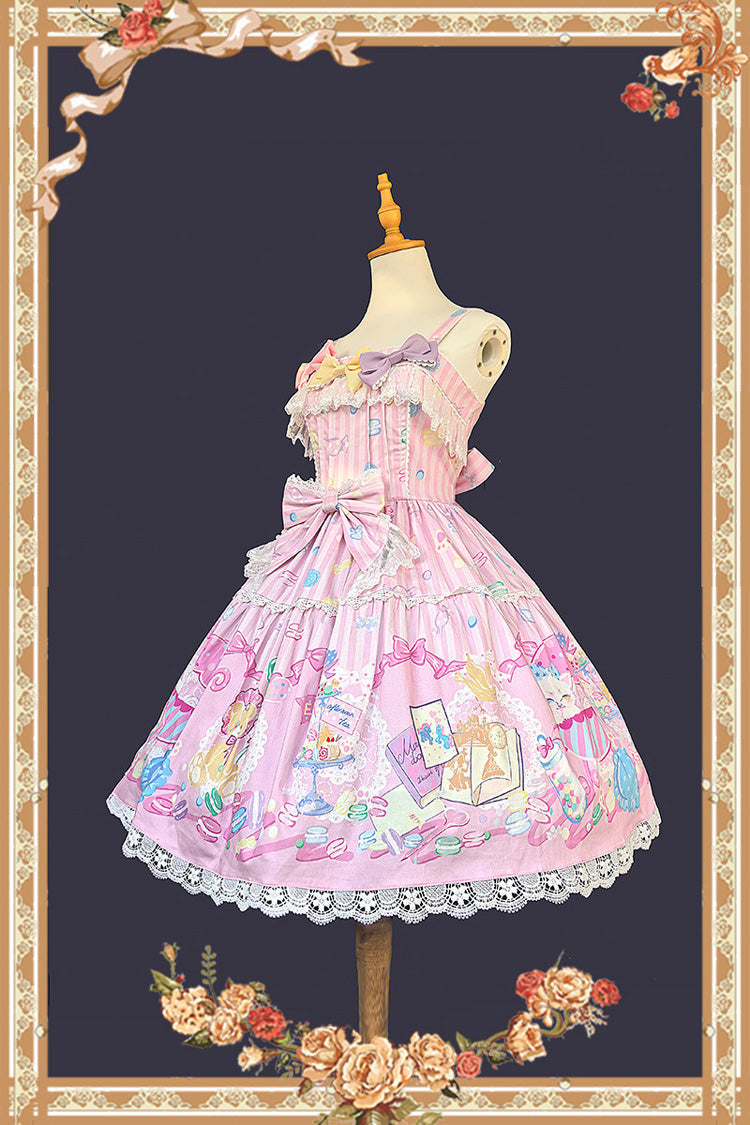 Pink Sleeveless Sweet Lolita JSK Dress Square Collar Bow Print - Macarons Dolly House