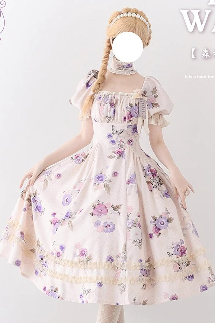 Forest Basket Printed Ruffled Lace Sweet Elegant Dress