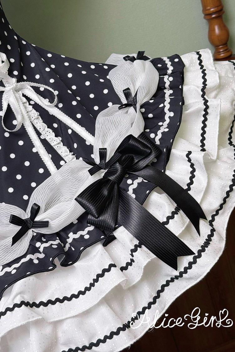 Black/White Halterneck Short Sleeve Triple-Layered Polka Dot Bow Lace-Up Sweet Dress