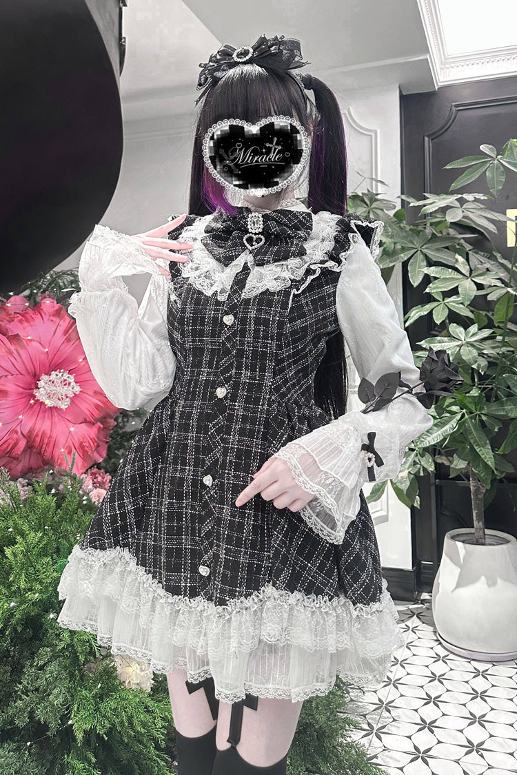 Black Plaid Print Ruffle Bow Lace Sweet Jirai Kei Dress with Shorts