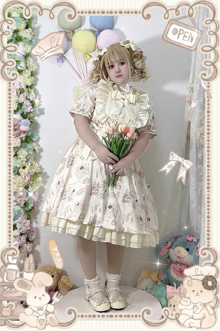 Short Puff Sleeve Print Ruffle Plus Size Princess Lolita Dress Ivory