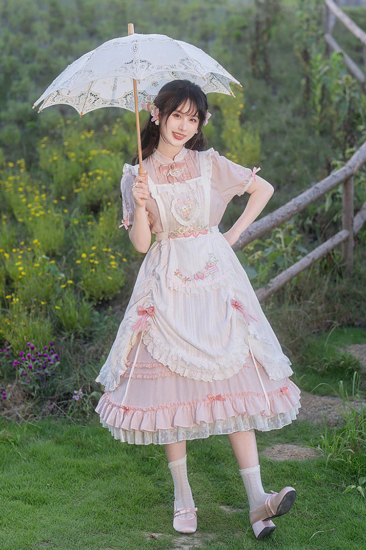 Blush Mandarin Collar Short Sleeve Ruffled Embroidered Lace Sweet Chinese Inspired Lolita Gown