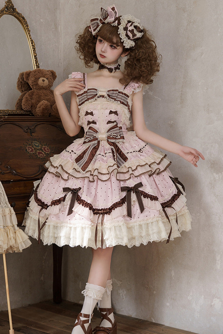 Sleeveless Print Ruffle Bow Lace-Up Sweet Elegant Lolita Jumper Dress - Pink