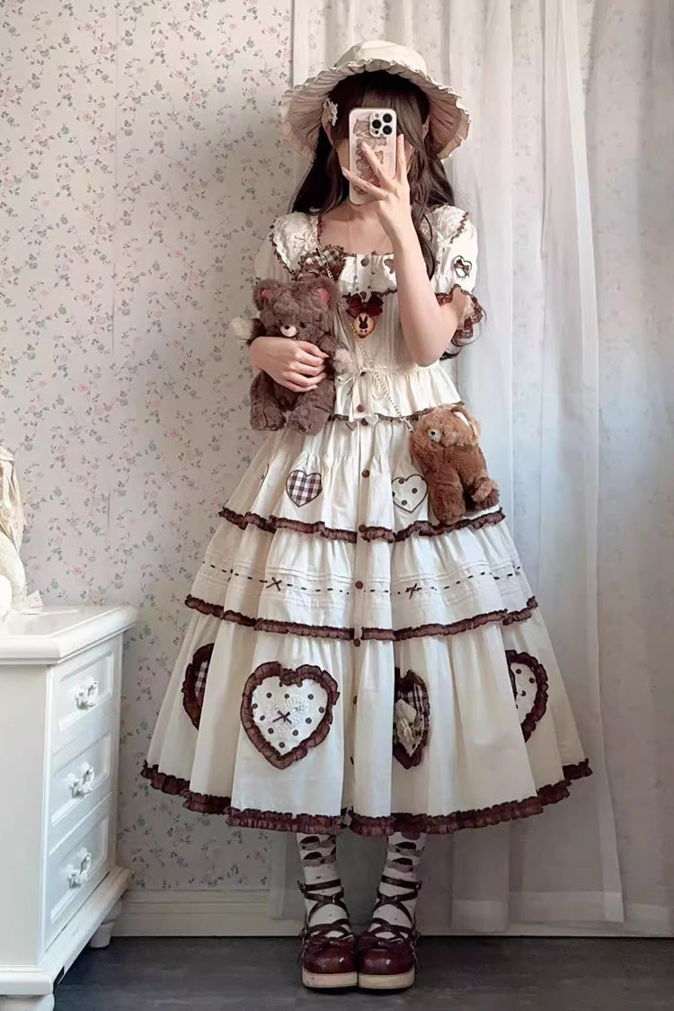 Cream Lovely Heart Triple-Layer Embroidery Bow Frilled Elegant Sweet Lolita Skirt