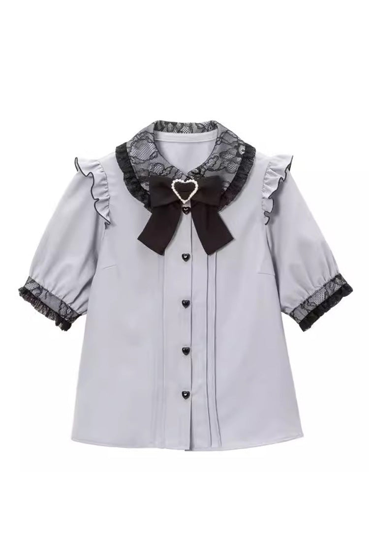 Japanese Lolita Blouse with Doll Collar, Short Sleeves, and Bow, 4 Colors