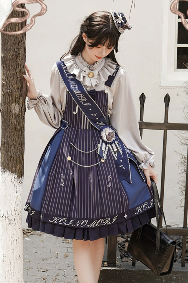 Sweet College Lolita Strap Dress Violin Embroidery Bowknot Ruffled - Two Colors