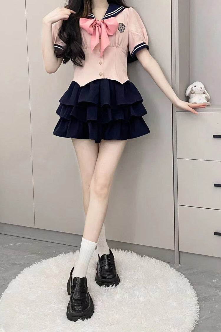 Sweet College Style Skirt Set with Ruffle Bowknot
