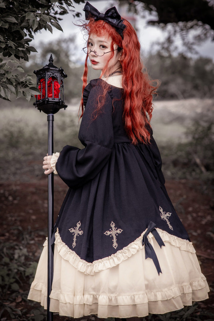 Dark Girl Gothic Lolita OP Dress with Doll Collar and Embroidered Cross - Altfashion Shop