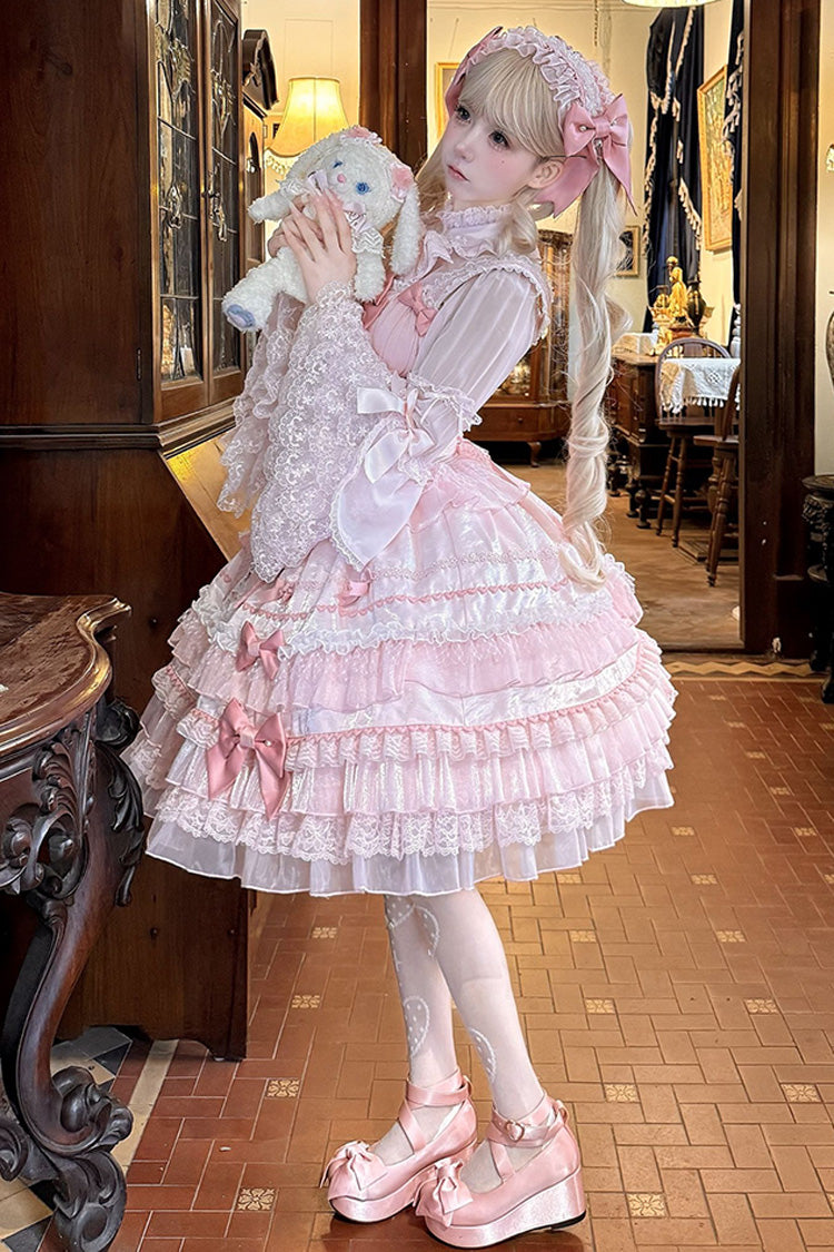 Pink Multi-Layered Ruffled Bow Lace Sweet Gorgeous JSK - Little Lovetine