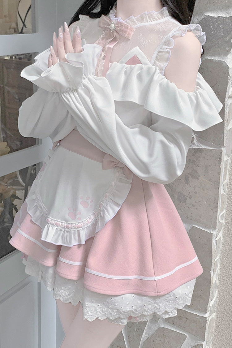 Pale Pink & White Off-Shoulder Long-Sleeve Ruffled Bow Lace Jirai Kei Skirt