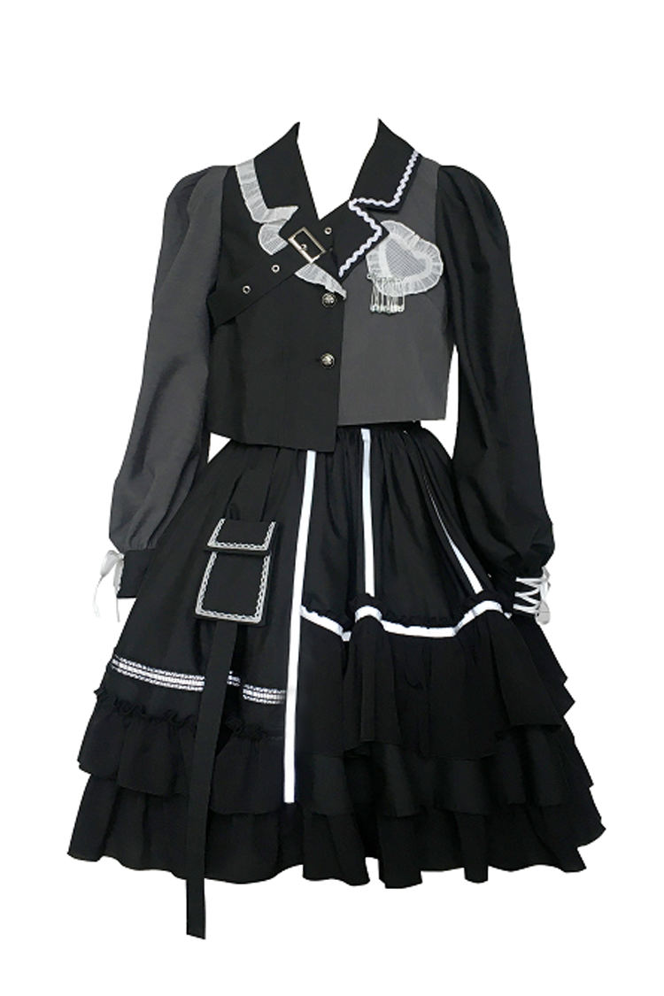 Gothic Lolita Dress Set with Reflective Strips and Ruffled Pleats