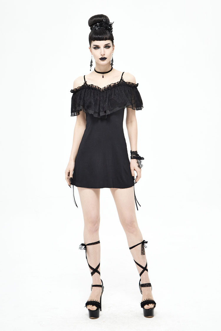 Off-Shoulder Chest Frilly Punk Tee for Women with Lace-Up Detail