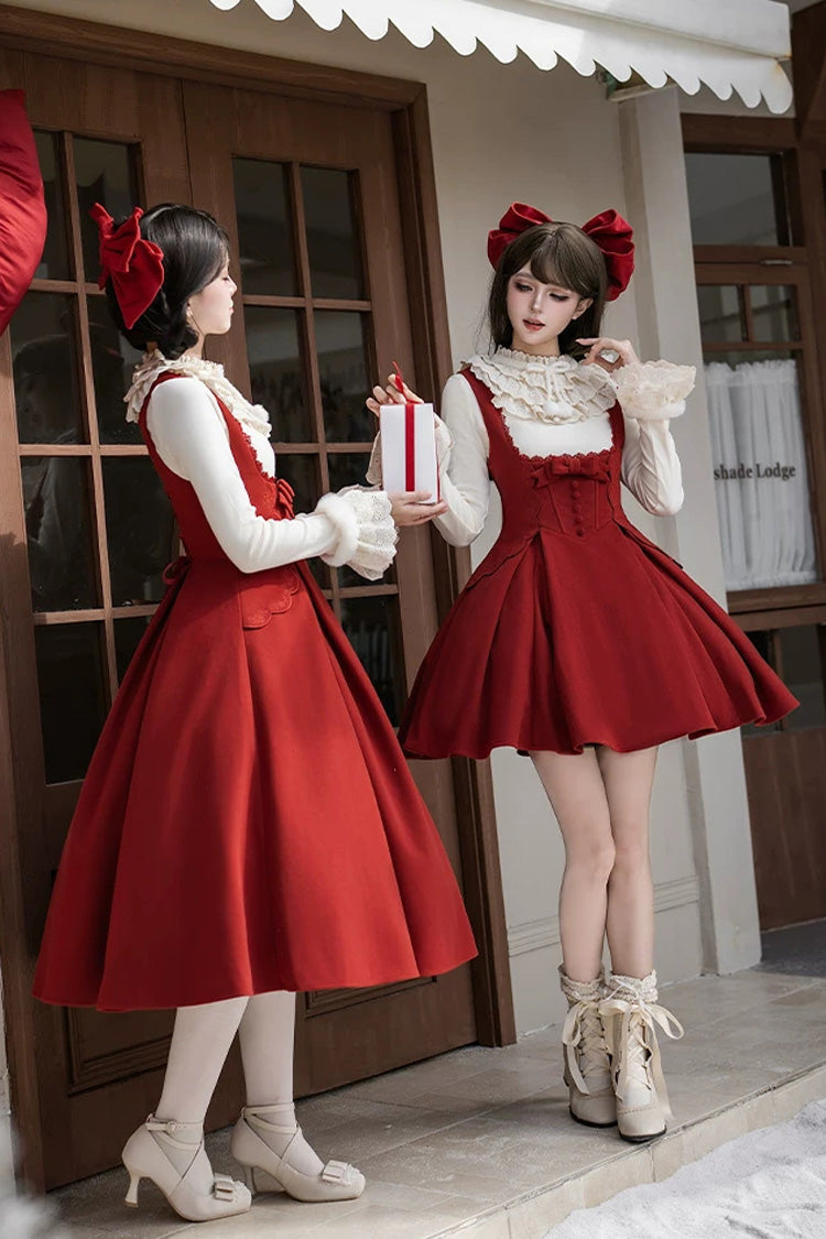 Classic Elegant Lolita Bandeau Dress with Embroidered Bow - Red