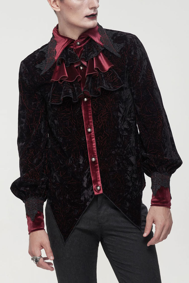 Crimson & Noir Velvet Stand Collar Ruffle Lantern Sleeve Gothic Shirt for Men