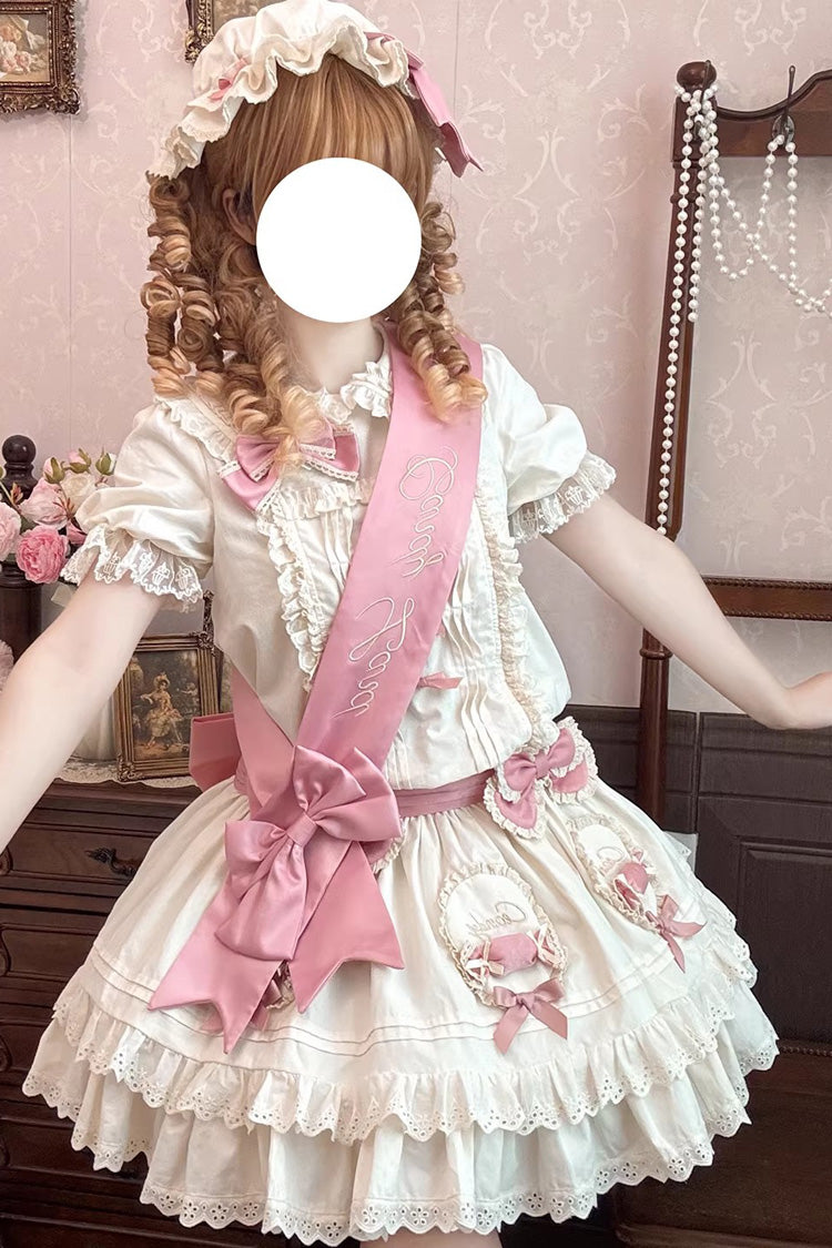 Adorable Apricot Doll Collar Short Sleeve Ruffled Bow Lolita OP Dress
