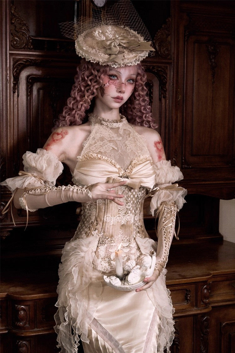 Golden Cupid’s Poetry Box Halterneck Ruffled Embroidered Bow Lace Slim Fishbone Gothic Lolita Top and Skirt Dress Set