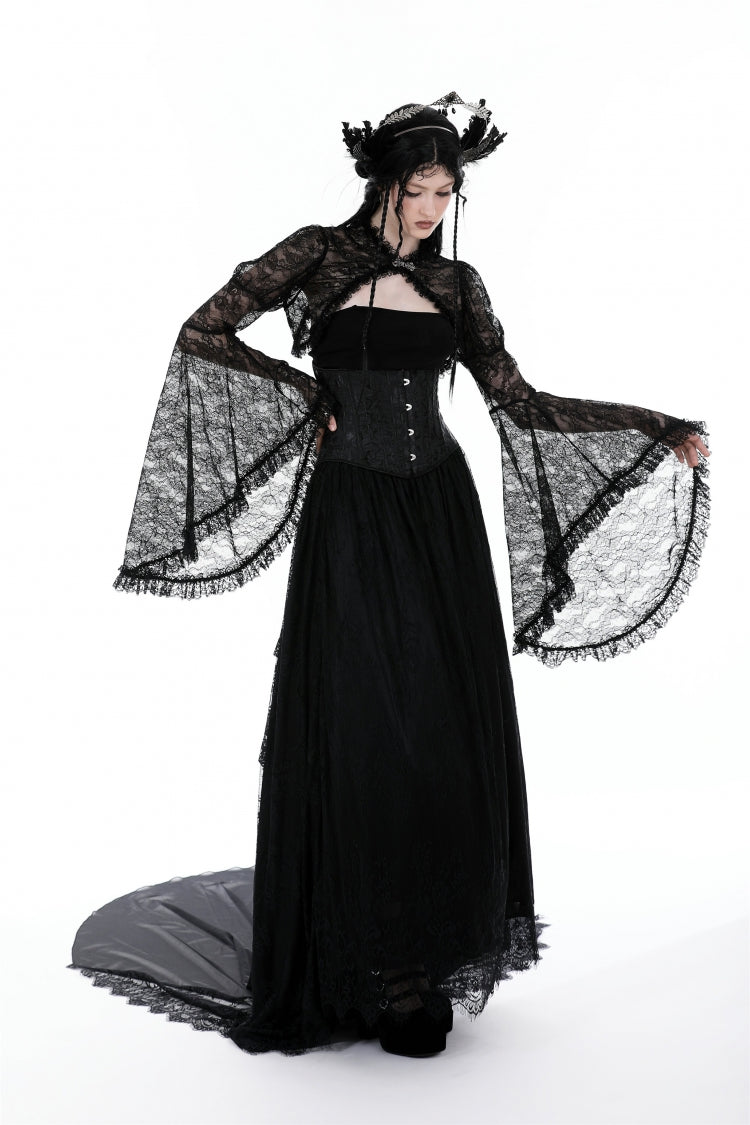 Jet-Black Gothic Cape with Flared Sleeves and Ruffled Lace