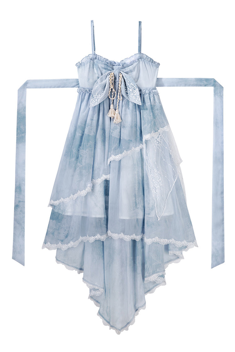 Print Ruffle Embroidery Bow Lace Irregular Lolita Jumper Dress - Blue