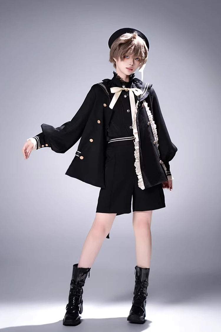 Navy-Collar Long-Sleeve Prince Ouji Short Coat Set in Black
