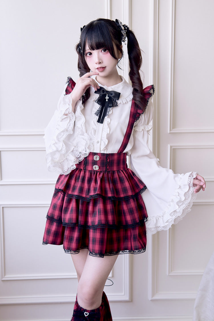 Triple-Layered Plaid Frilly Gothic Jirai Kei Strap Dress - Red