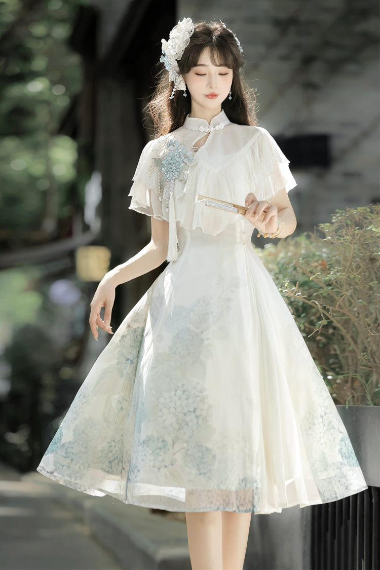Ivory Print Ruffle Lace Chinese Elegant Short Dress