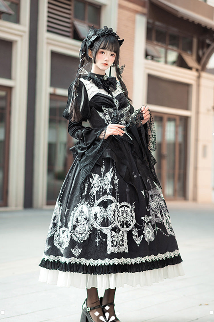 Black Feast of Bones Printed Ruffled Bow Lace Gothic Elegant Long Dress