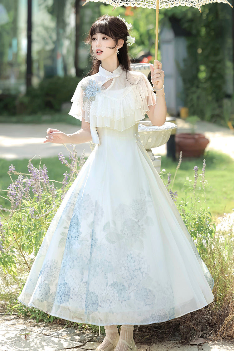 Ivory Print Ruffle Lace Chinese Elegant Dress