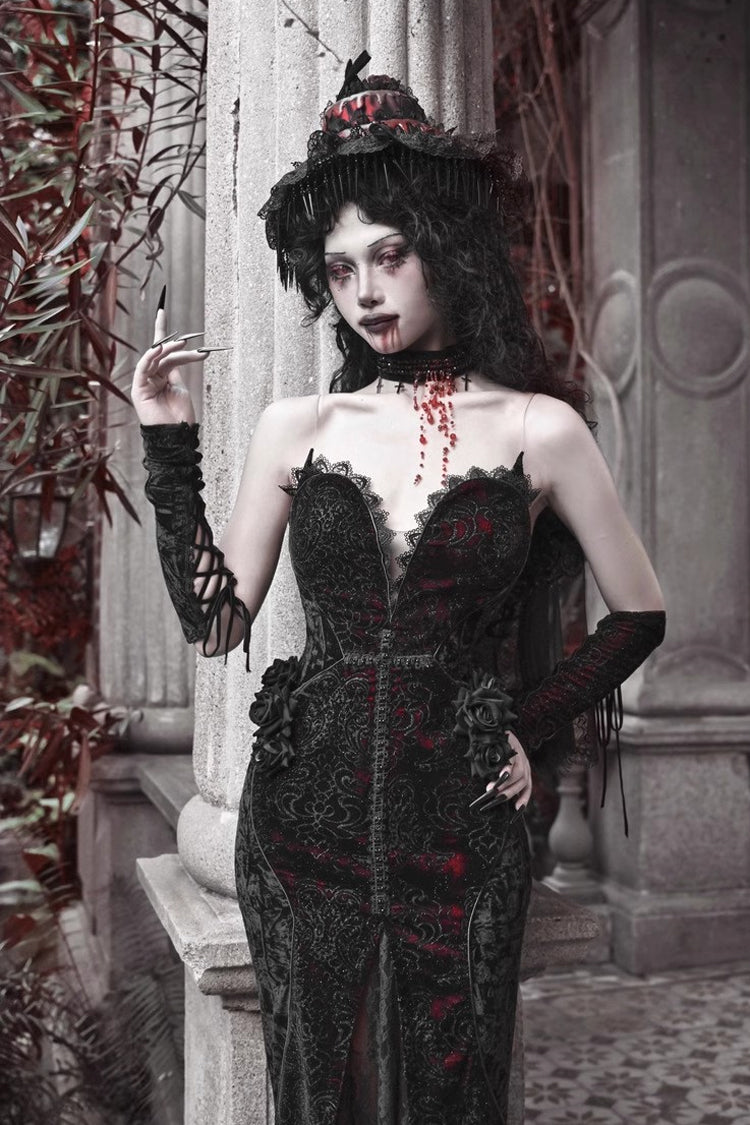Black/Red High-Waisted Embroidered Lace Sleeveless Ruffle Gothic Fishtail Dress - Scarlet Blood Peak