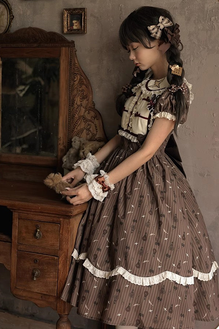 Brown Print Bow Sweet Elegant Princess Dress Long - Hot Air Balloon