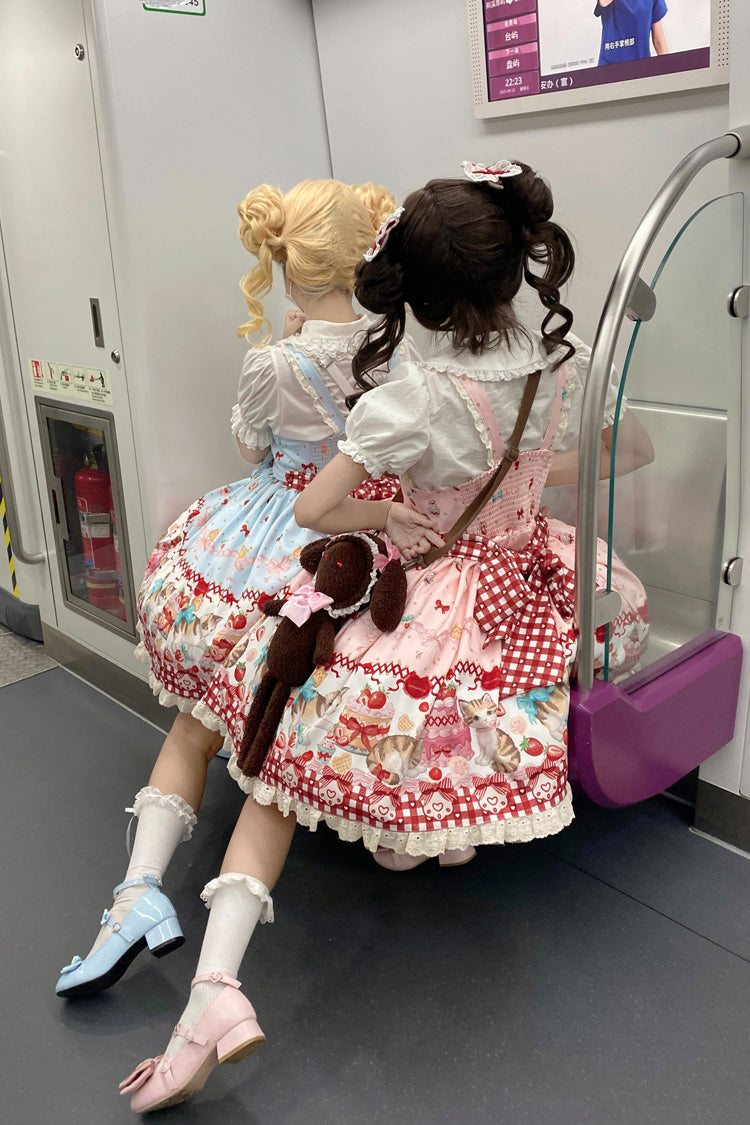 Sleeveless Bow Lace Sweet Lolita Strap Dress with Print - Strawberry Cake Kitty