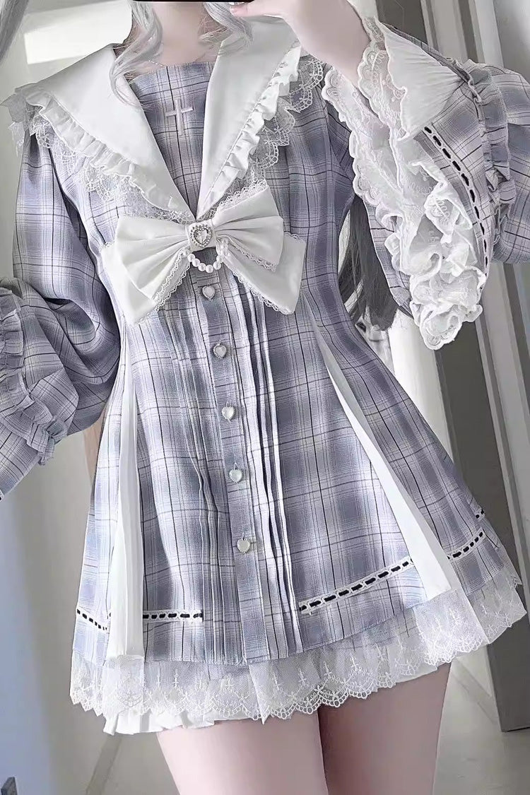 Sweet Square-Collar Bow Lace Pearl Jirai Kei Dress & Short Set