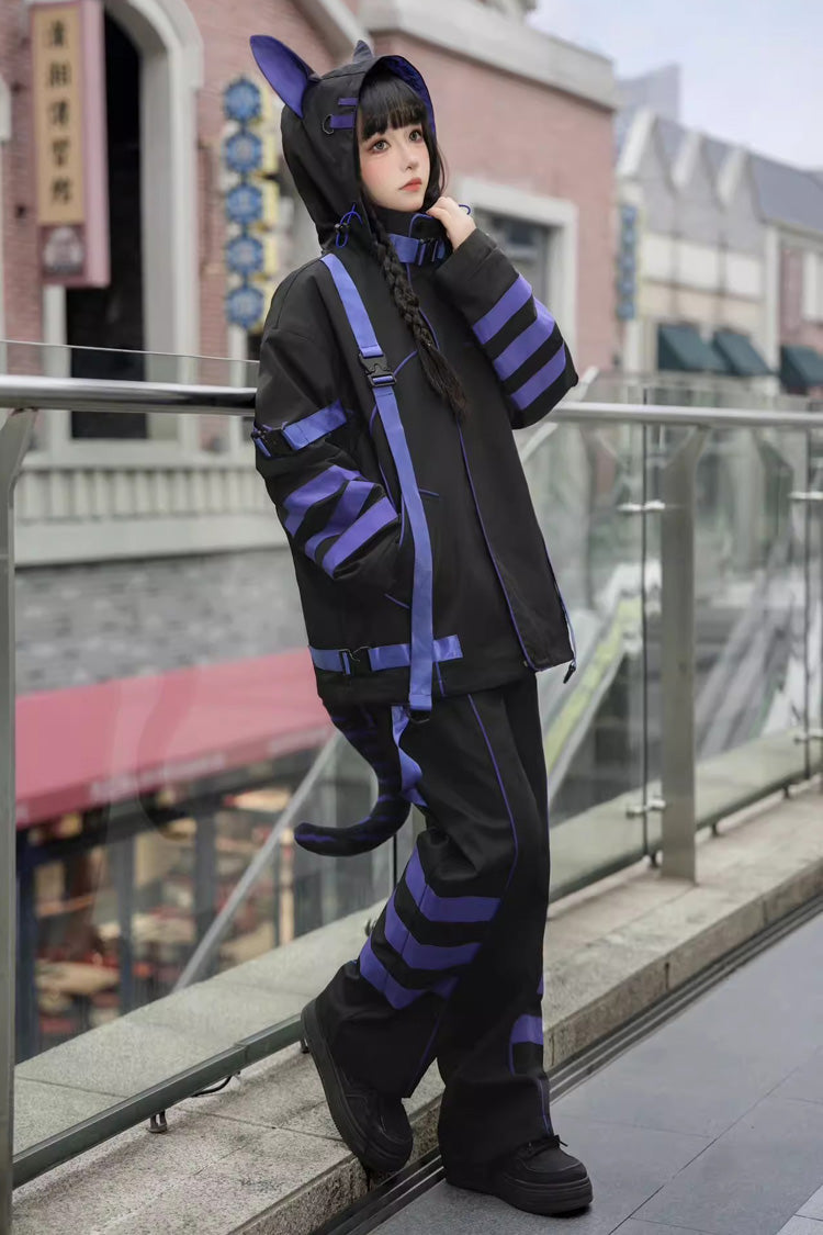 Blue/Black Long Sleeve Print Cat Ears Hooded Jirai Kei Handsome Jacket