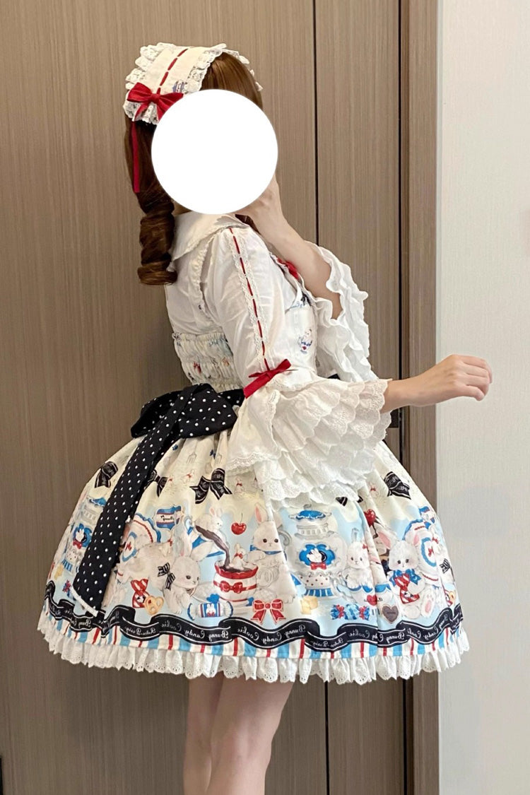 Sleeveless Print Ruffle Bowknot Lace Sweet Lolita Jsk Dress Beige