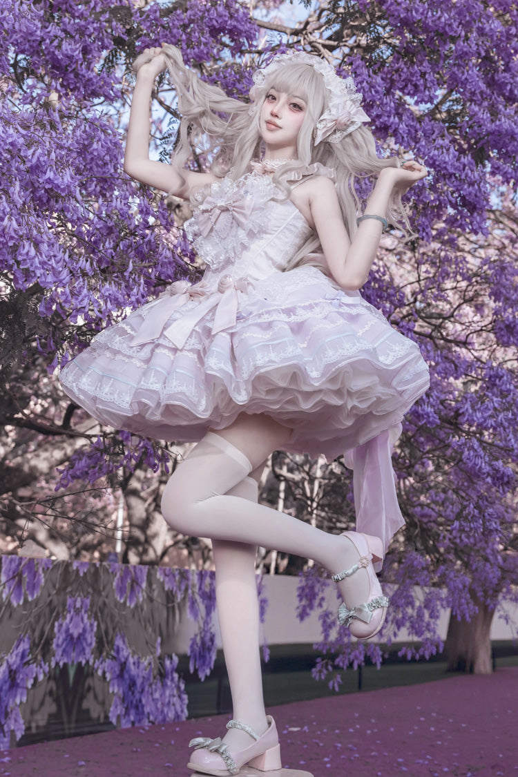 Crystal Isle Violet Square Collar Sleeveless Jacquard Ruffled Bow Balletcore Tiered Lolita Dress - Crystal Isle