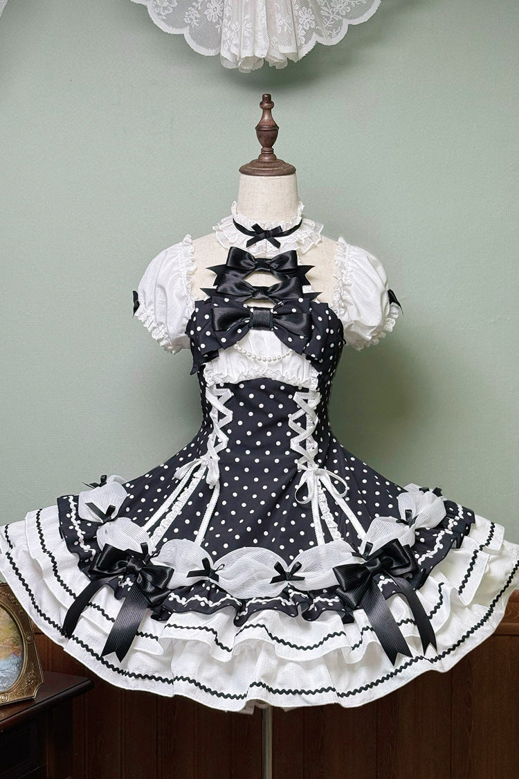 Black/White Halterneck Short Sleeve Triple-Layered Polka Dot Bow Lace-Up Sweet Dress