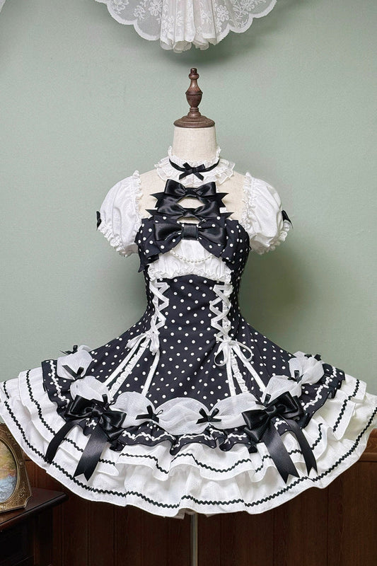 Black/White Halterneck Short Sleeve Triple-Layered Polka Dot Bow Lace-Up Sweet Dress