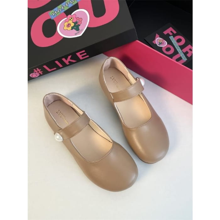 Adhesive Strap Plain Faux Pearl Accent Mary Jane Flats