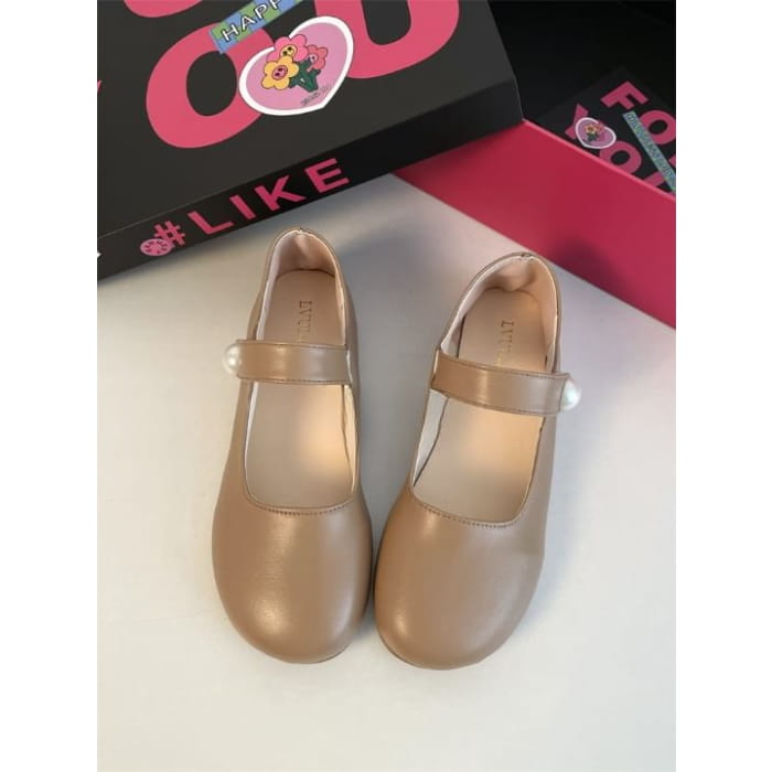 Adhesive Strap Plain Faux Pearl Accent Mary Jane Flats