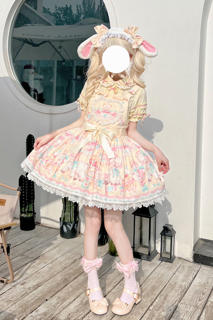Yellow Sheep's Party Printed Bow Stitching Lace Sweet Lolita Strap Dress - Miss Brown