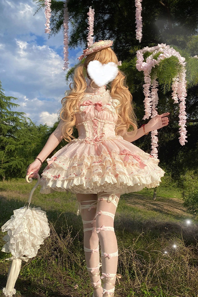 Pink Double-Layered Ruffled Bow Lace-Up Sweet Ballet JSK - Flory Butterfly